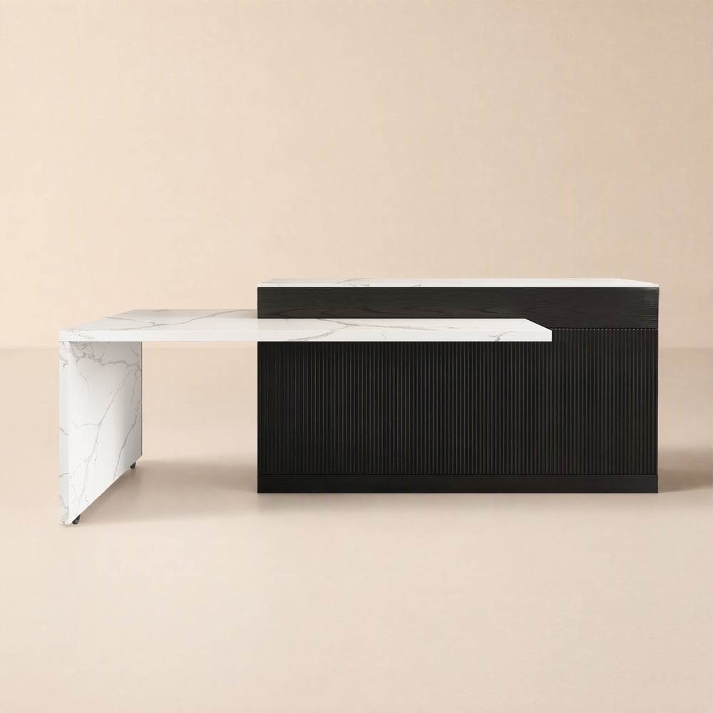 Ilha de cozinha extensível de 205 - 268 cm, efeito mármore, com portas e gavetas, preto Imagem da janela