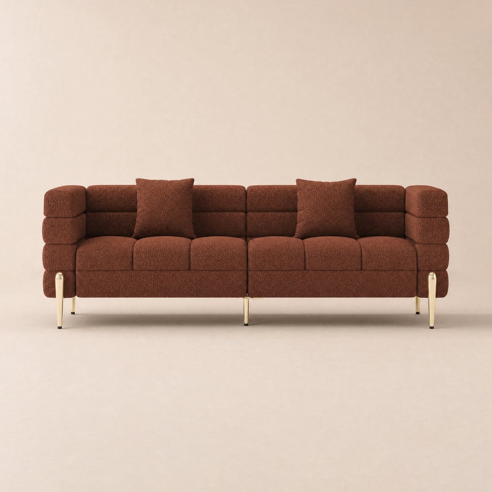 Axial 200 cm geribbelde bouclé bank met gouden poten en kussens Vensterafbeelding