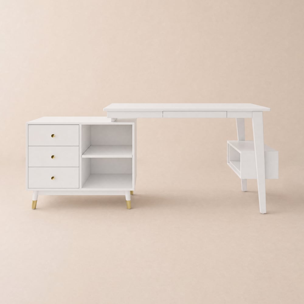 Bureau pivotant en forme de L Ultic à la mode en blanc avec rangement, 120 cm image de fenêtre