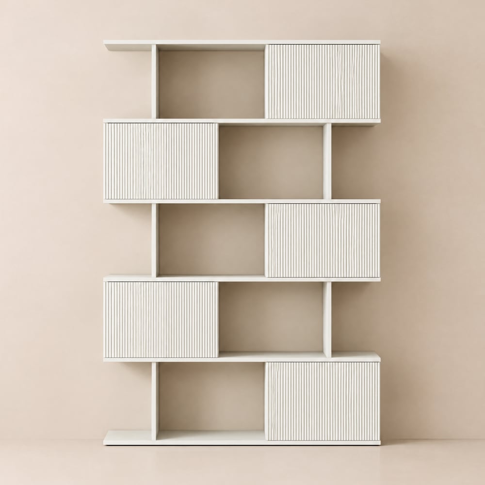 72.8" Warm White Sliding Door Etagere Bookshelf 5-Shelf Tall Book Shelf Rich Storage window image