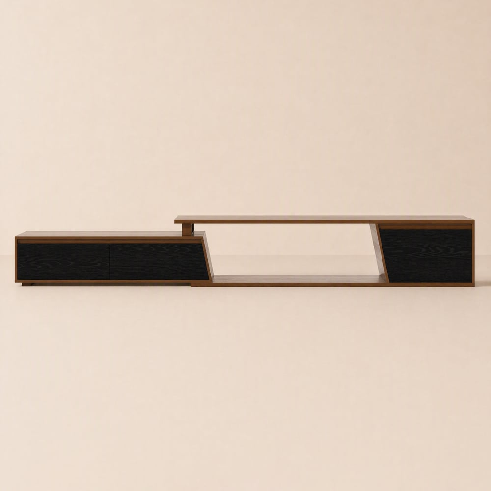 Meuble TV extensible réversible Fero 180 - 280 cm avec 3 tiroirs - noir et noyer image de fenêtre