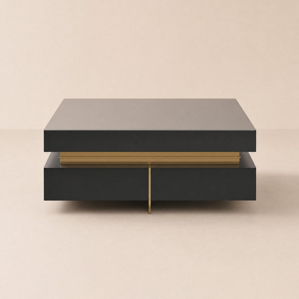 Mesa de centro quadrada moderna de 109 cm em vidro temperado preto com 4 gavetas Imagem da janela