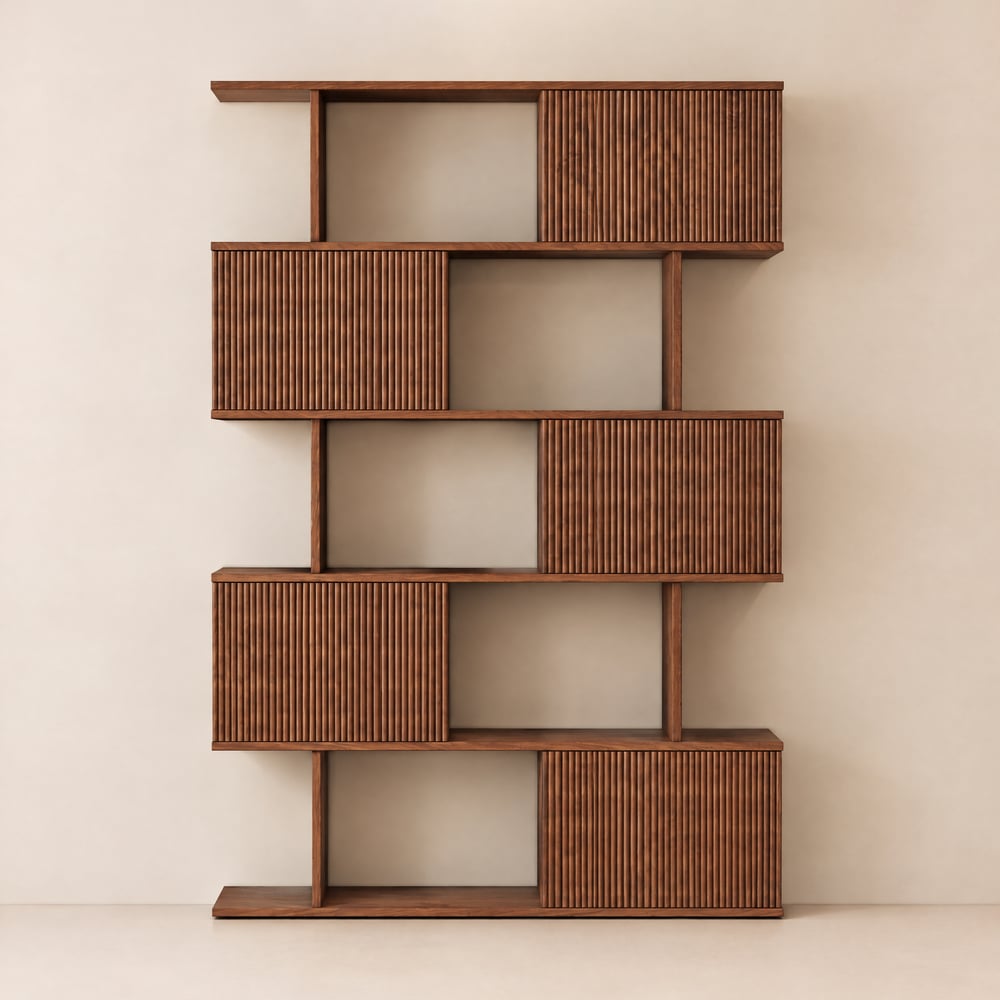 72.8" Walnut Sliding Door Etagere Bookshelf 5-Shelf Tall Book Shelf Rich Storage window image