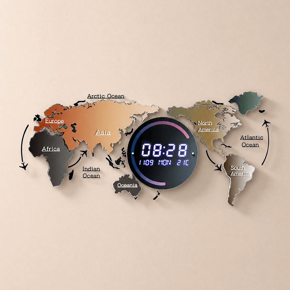 Modern 29.1" Acrylic World Map Wall Clock with Plug-In LED Display window image