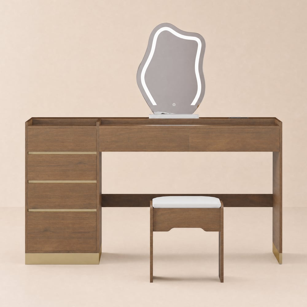 Modern Walnut Smart Makeup Vanity Set with Mirror window image