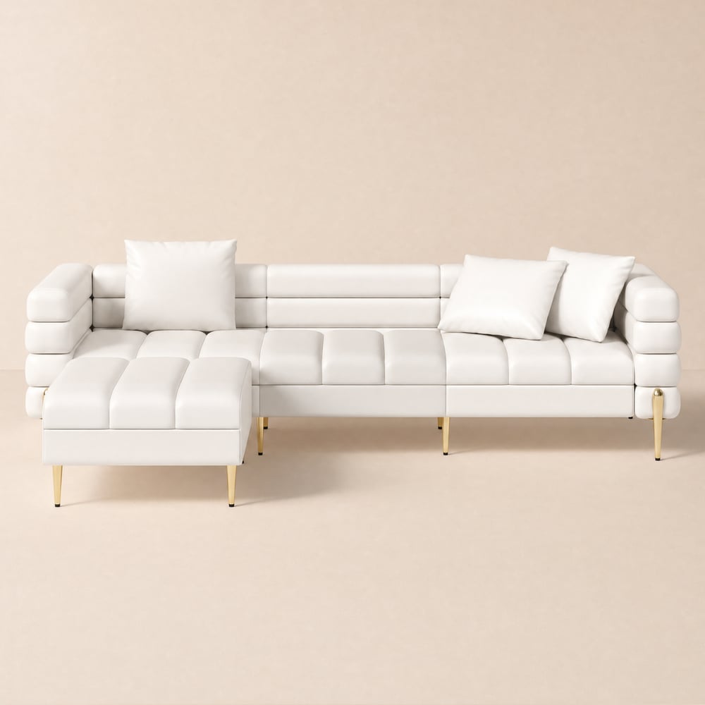 2-teiliges Ecksofa Axial aus Faux Leder mit Hocker, goldenen Beinen und Kissen, 230 cm Schaufensterbilder