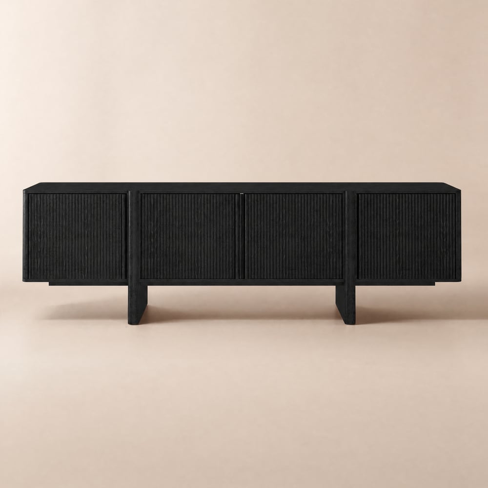 Lineva 80" Ash Wood Fluted Black TV Stand with Cabinets window image