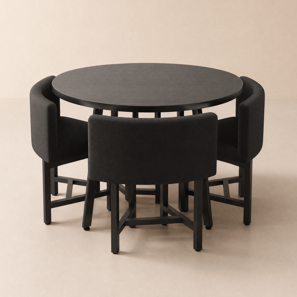 Juego de comedor moderno con mesa redonda de madera negra y 4 sillas negras Imagen de ventana
