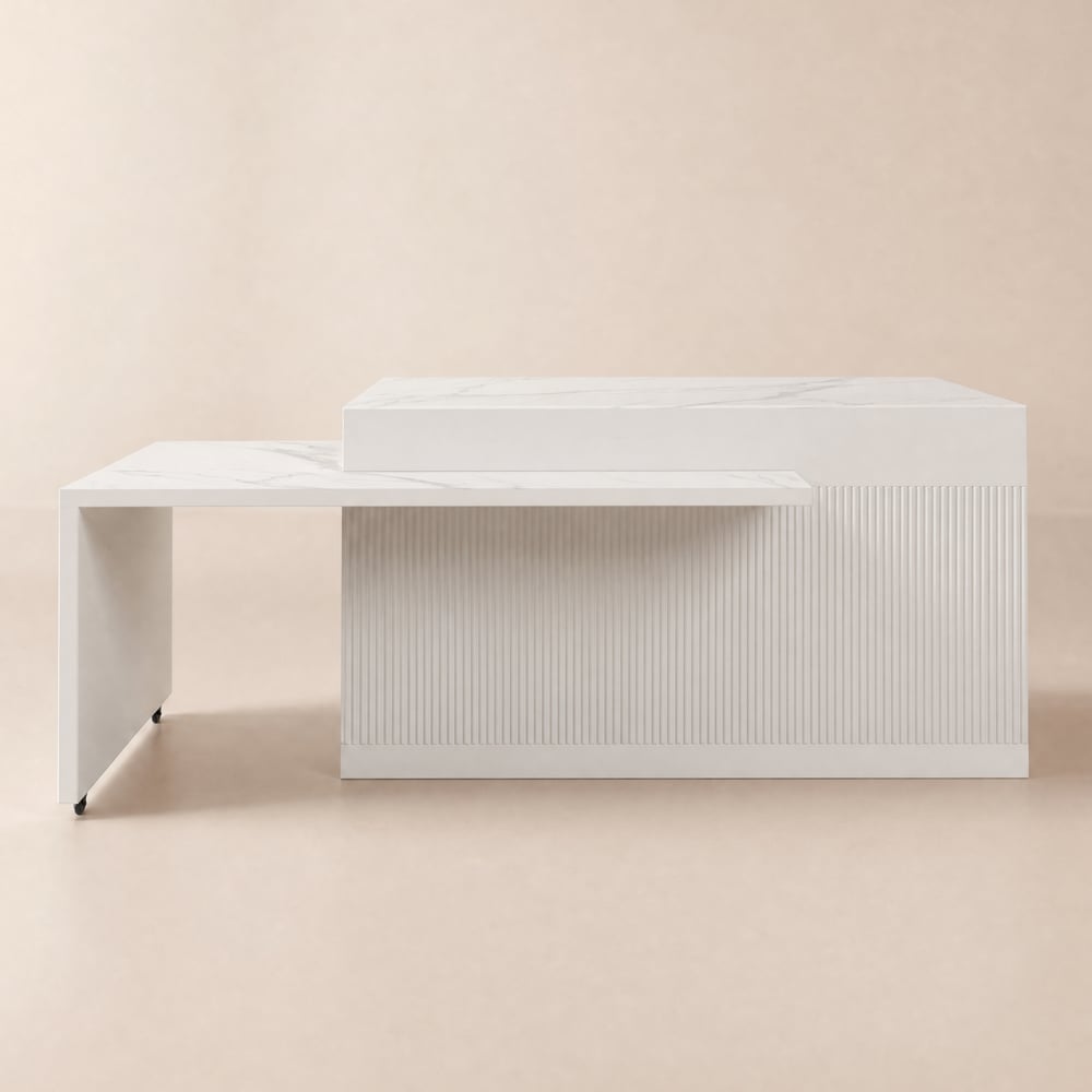 Modern 81-118 inch gesinterd stenen kookeiland met laden en deuren, wit Vensterafbeelding