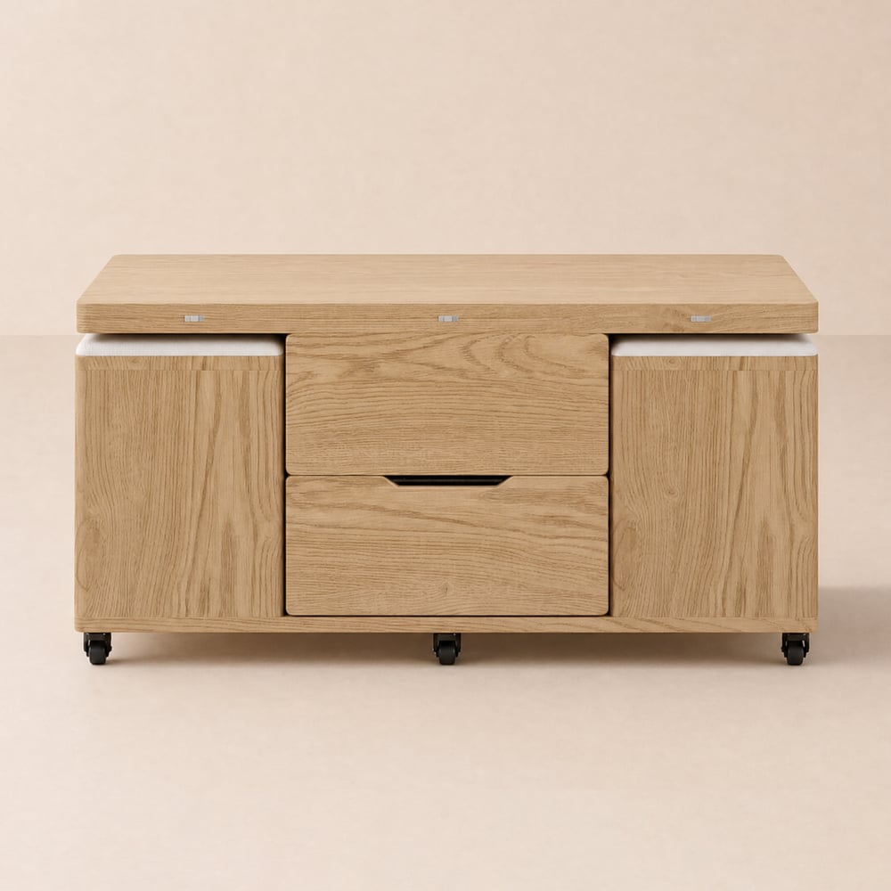 Mesa de centro elevable plegable 100 cm con 4 taburetes y almacenaje natural image de fenêtre