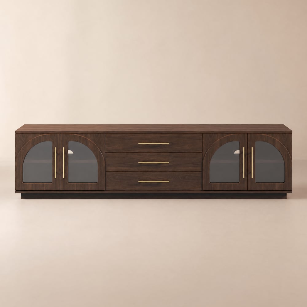 Mueble TV Arune 203 cm con puertas de vidrio arqueadas, almacenaje y luz LED - nogal Imagen de ventana