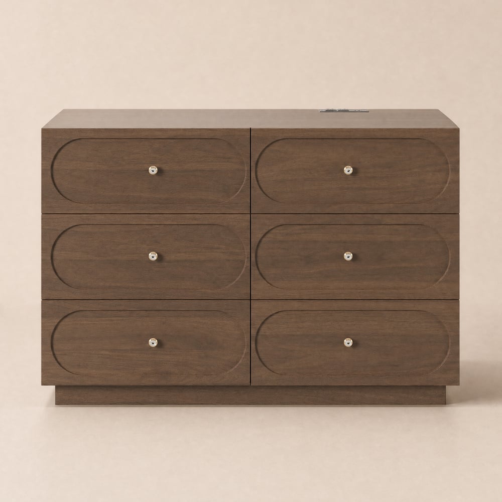 Krila Wooden Chest of Drawers with 6 Drawers and Charging Station in Walnut, 1200 mm window image