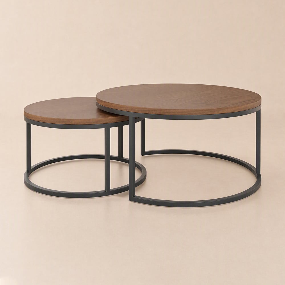 Runder Couchtisch Fero 60 - 80 cm in Walnuss Satztisch 2-er Set Schaufensterbilder