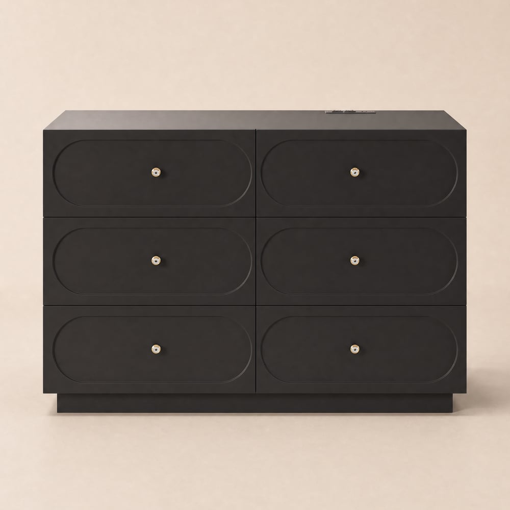Commode en bois Krila avec 6 tiroirs et station de charge noire, 120 cm image de fenêtre