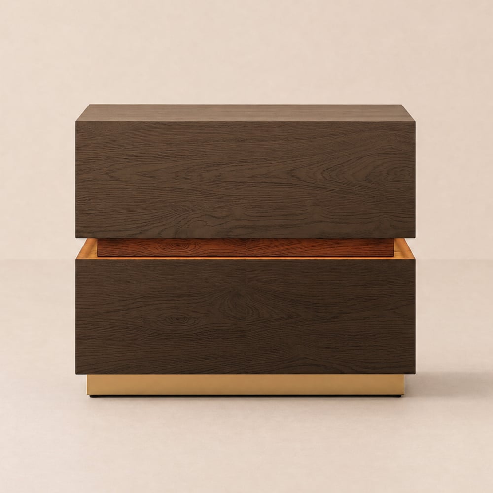 Table de chevet Lumio à 2 tiroirs en noyer avec éclairage LED et station de recharge image de fenêtre