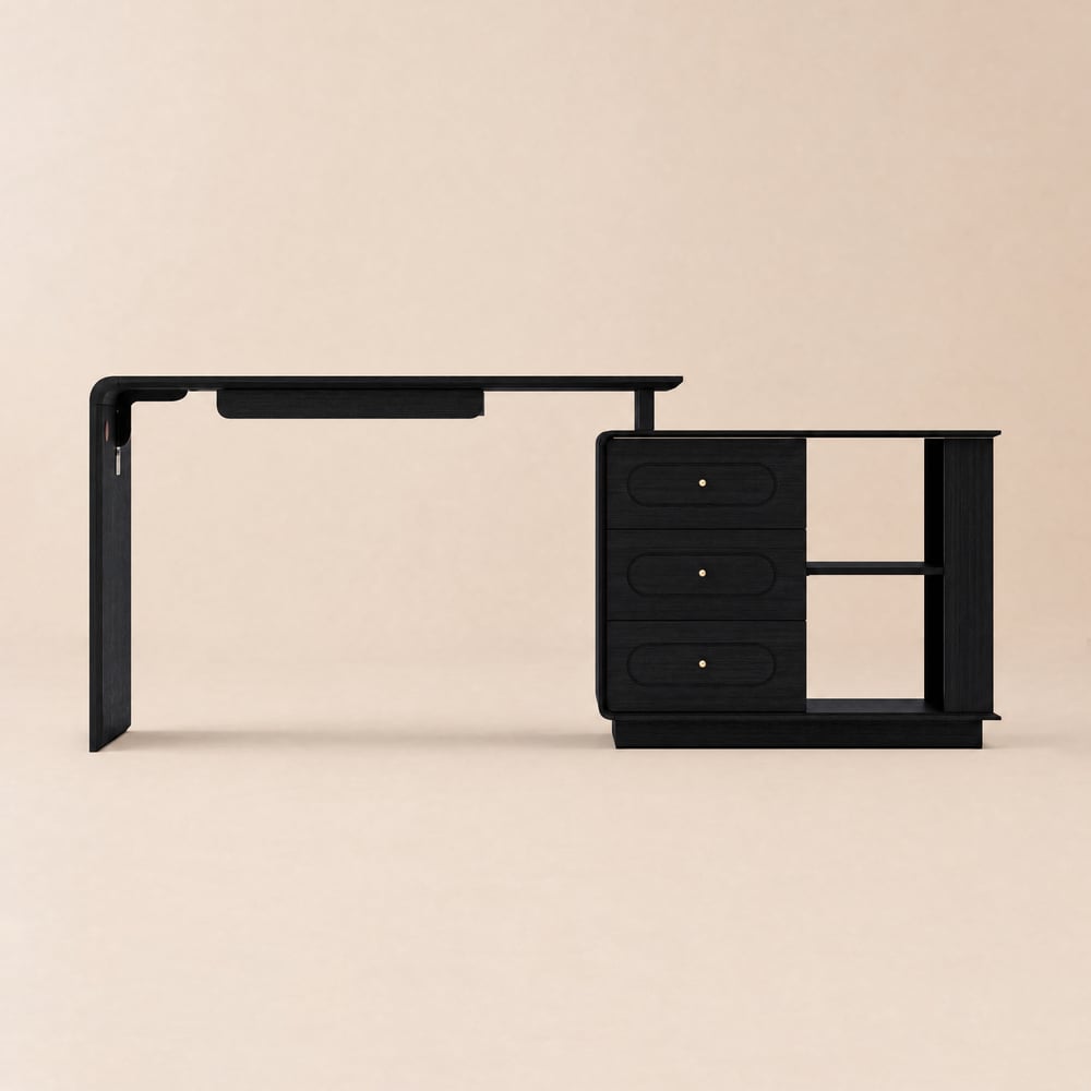Krila 185 cm L-Shaped Black Rotating Desk with Keyboard Tray & Storage window image