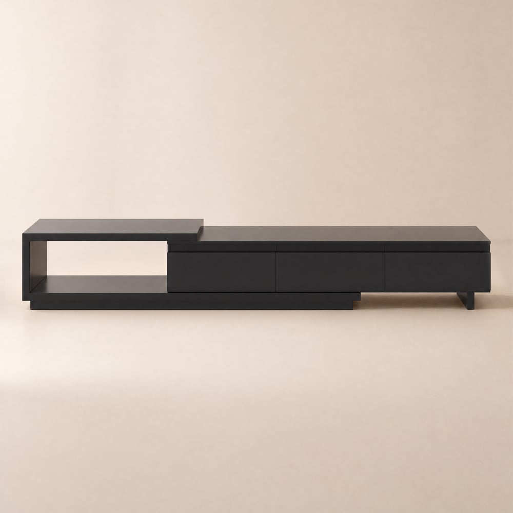 Meuble TV bas extensible LED Quoint avec 3 tiroirs, 179 à 255 cm image de fenêtre
