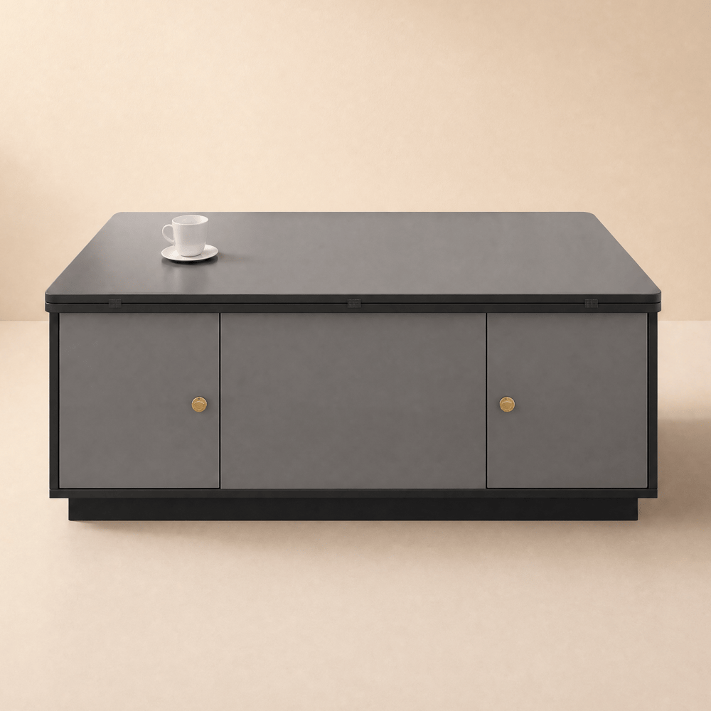 Moderne in hoogte verstelbare salontafel met scharnierend deksel en 3 laden in grijs Vensterafbeelding