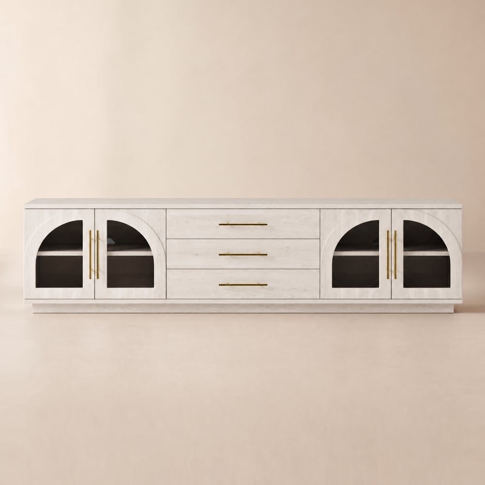 Arune Mobile TV da 203 cm con ante in vetro ad arco, vano contenitore e LED Immagine della finestra