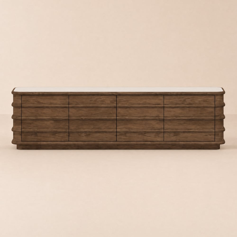80" Ash Wood Walnut TV Stand with Sintered Stone Top, Drawers & LED window image