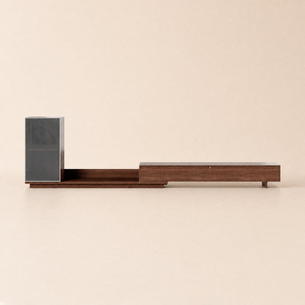 Meuble TV extensible Fero 250-393 cm finition noyer avec bibliothèque et LED image de fenêtre
