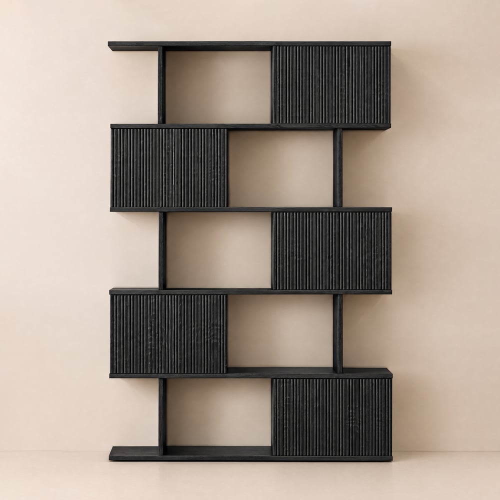 185 cm Black Sliding Door Etagere Bookshelf 5-Shelf Tall Book Shelf Rich Storage window image