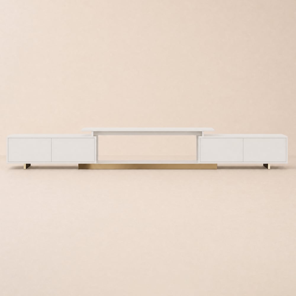 Meuble TV bas extensible Mordel avec rangement en blanc, 160 - 240 cm image de fenêtre