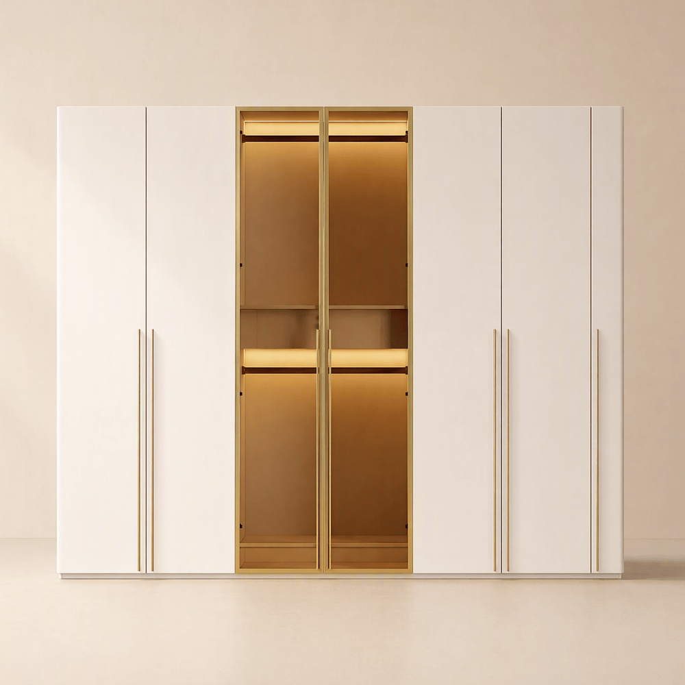 White & Gold Modern Extra Wide Wardrobe with Clear Glass Door Storage with Sensor Light window image