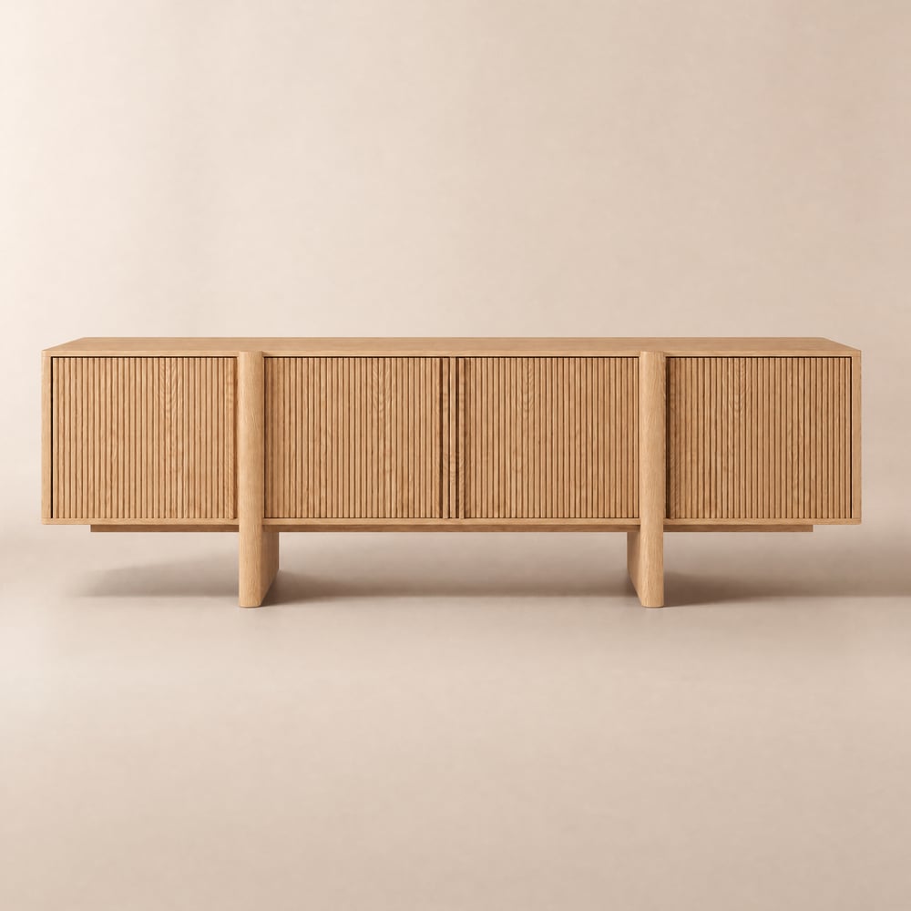 Mueble de TV Lineva de 80" de madera de fresno acanalada natural con armarios Imagen de ventana