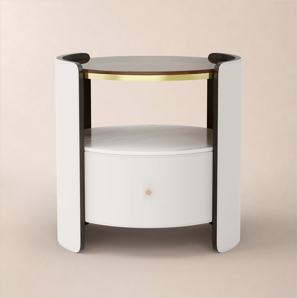 White Round Leather Bedside Table with Sintered Stone Glass Top window image