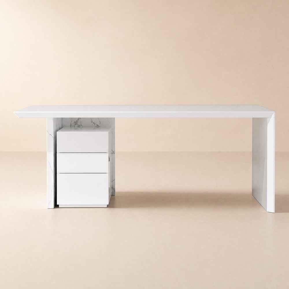 Bureau de direction en bois blanc avec classeur mobile pour télétravail, 150 cm image de fenêtre