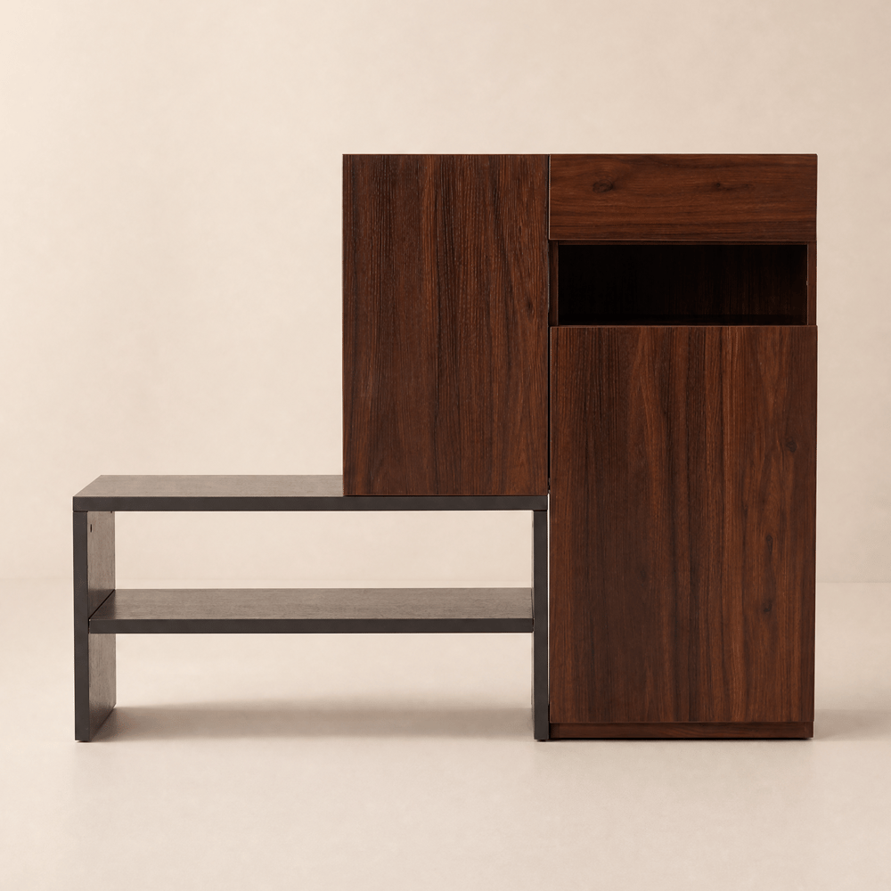 Fero Walnut Corner Shoe Storage Cabinet with 7 Shelves & 1 Drawer Entryway Shoe Storage window image