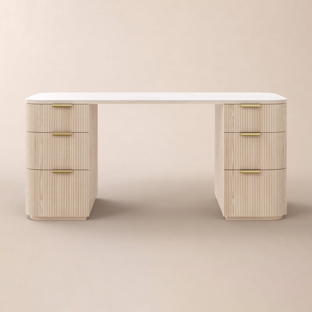 Modern 160 cm Rounded Edge Whitewash Sintered Stone Desk with Dual Storage window image
