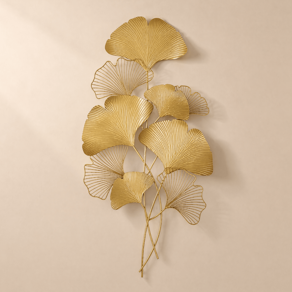 Décoration Murale Moderne Feuille de Ginko en Métal Doré 550mm x 1100mm image de fenêtre