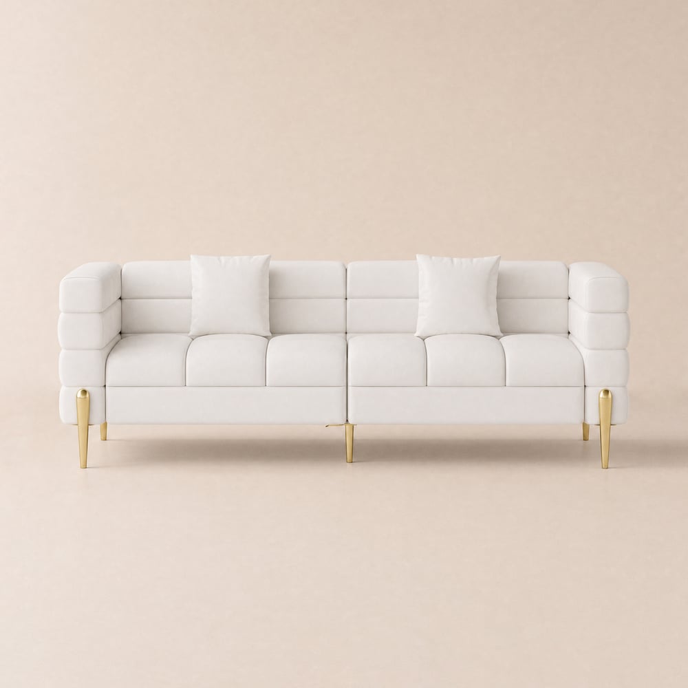 Axial 200 cm Faux Leather Fluted Sofa with Gold Legs & Pillows window image
