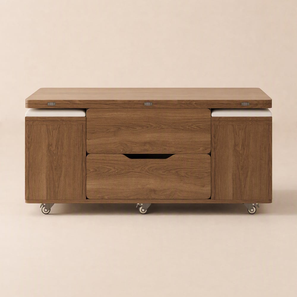 Opklapbare salontafel van 100 cm in walnootkleur met lift-top, 4 krukken en opbergruimte Vensterafbeelding