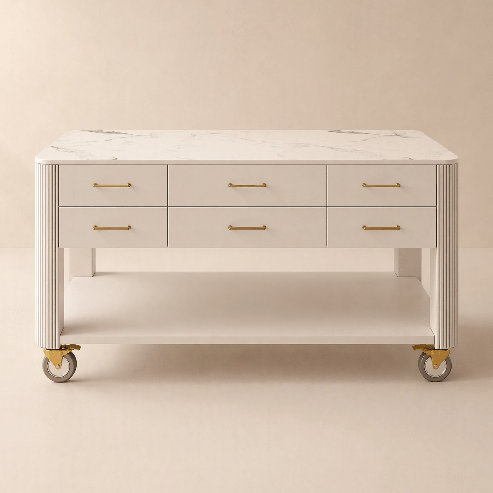 Modern 60" Wood Kitchen Island with Wheels & Cabinets window image