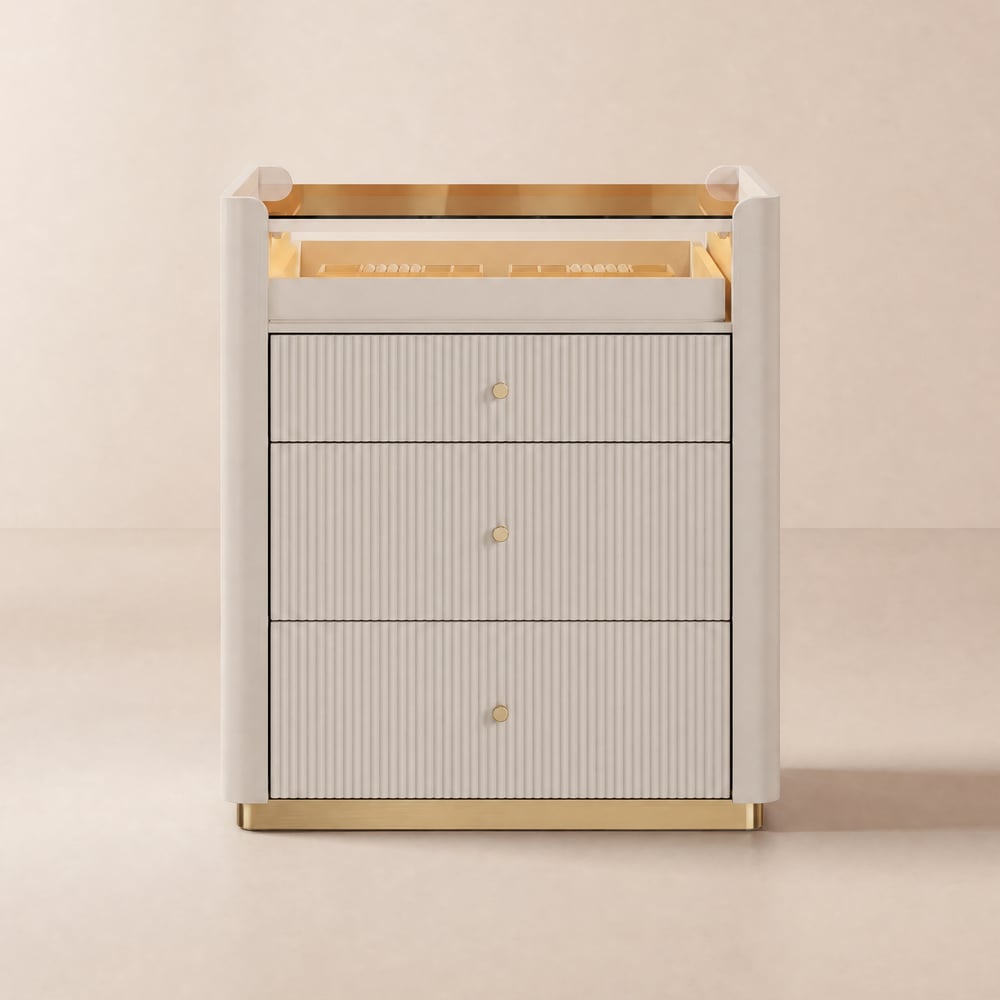 Vallux 29,5" Gegroefd Lederen Kledingkast Eiland 7 Laden Commode met Licht & Sieradenopslag Vensterafbeelding