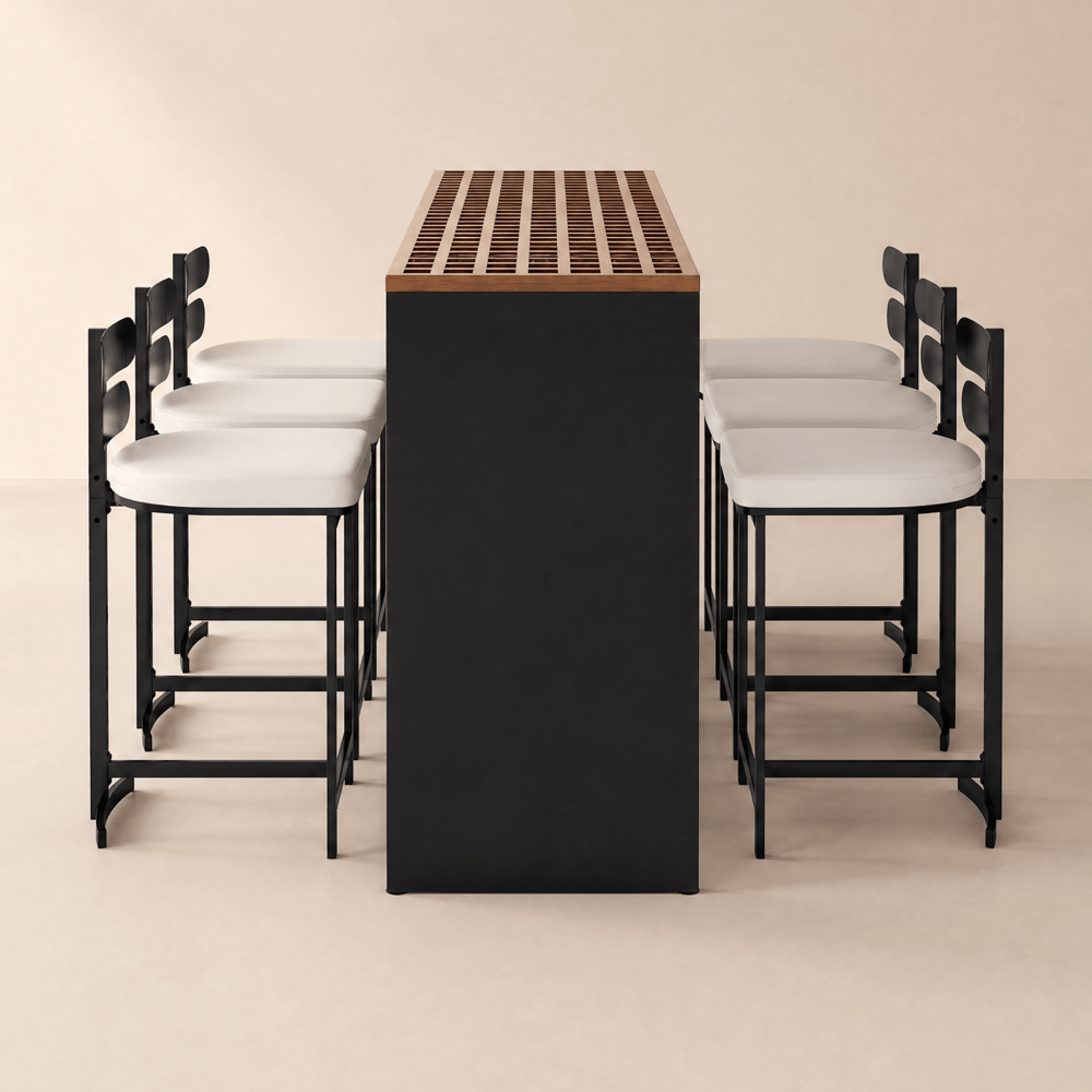 Ensemble de salle à manger de bar Grida 7 pièces en teck et aluminium avec 6 tabourets de bar image de fenêtre