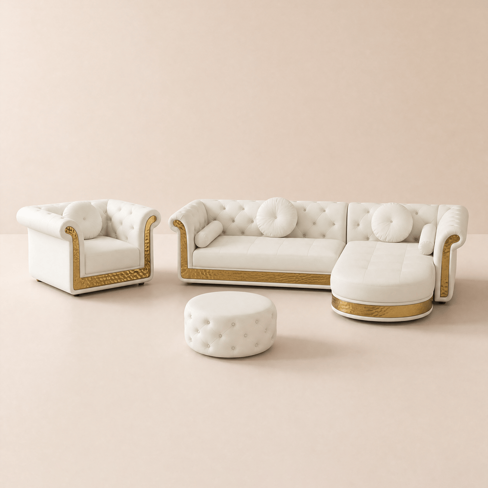 Dodiy Modern L-Shaped White Tufted Corner Sectional Sofa 6-Seater with Ottoman & Pillows window image