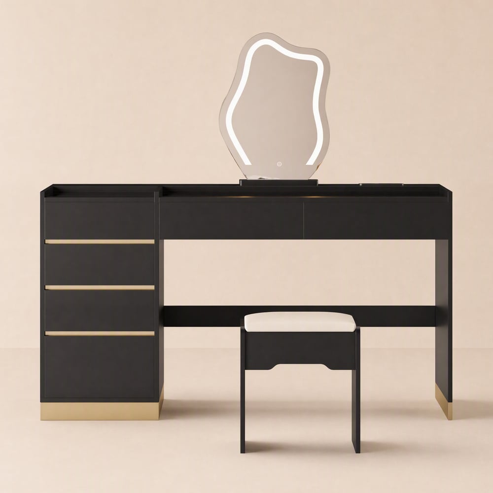Ensemble de coiffeuse moderne noir avec station de recharge et miroir image de fenêtre