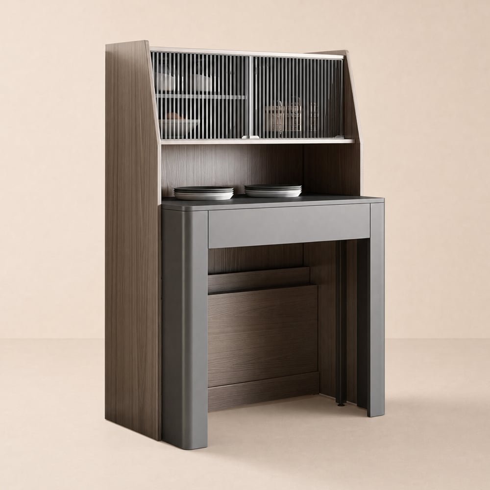Extendable Rectangular Dining Table with Sideboard for 5 People in Walnut and Grey, 1800 mm window image