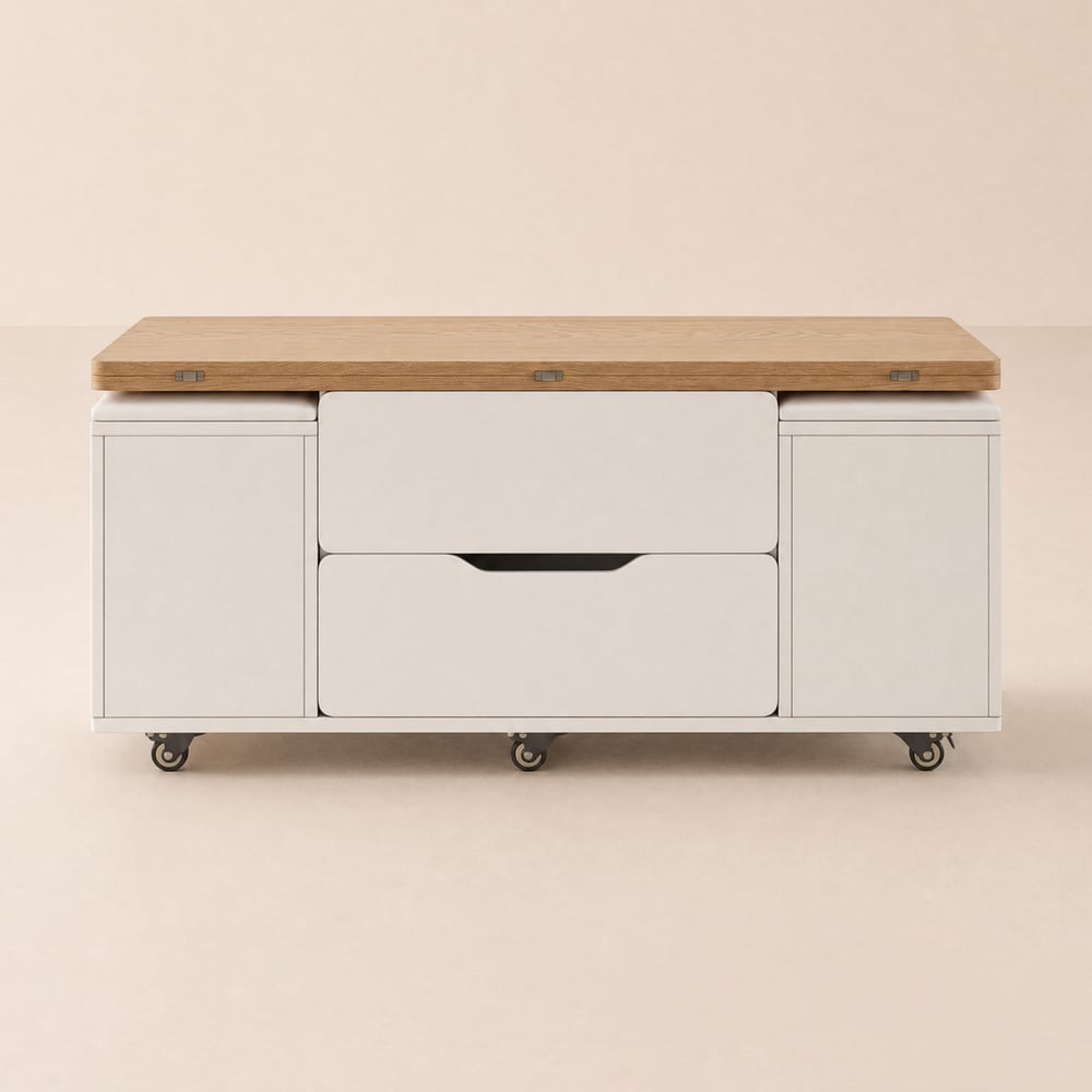 100 cm Lift-Top Foldable Natural & White Coffee Table with 4 Stools & Storage window image