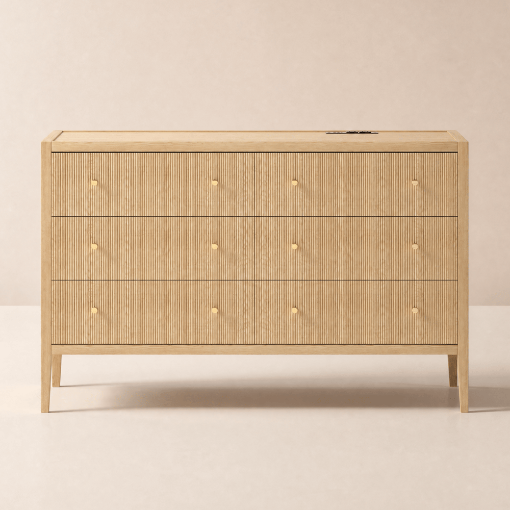 Stria 47" Fluted Natural 6-Drawer Dresser with Charging Station window image