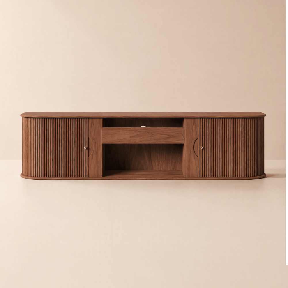 83" Ash Wood Fluted TV Stand for UST Projector with Cabinets window image
