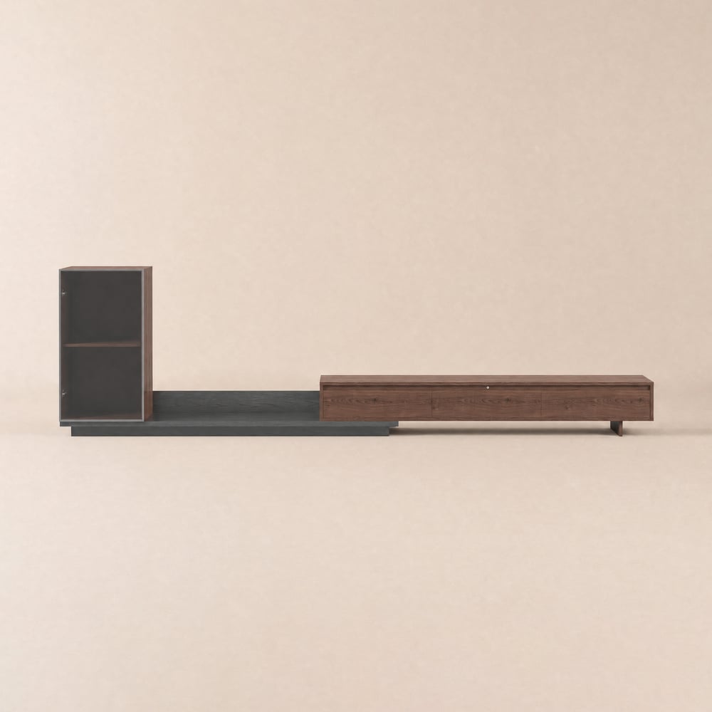 Fero 98"-155" Walnoot & Grijs Uitschuifbaar TV-meubel met Boekenkast & LED-verlichting Vensterafbeelding