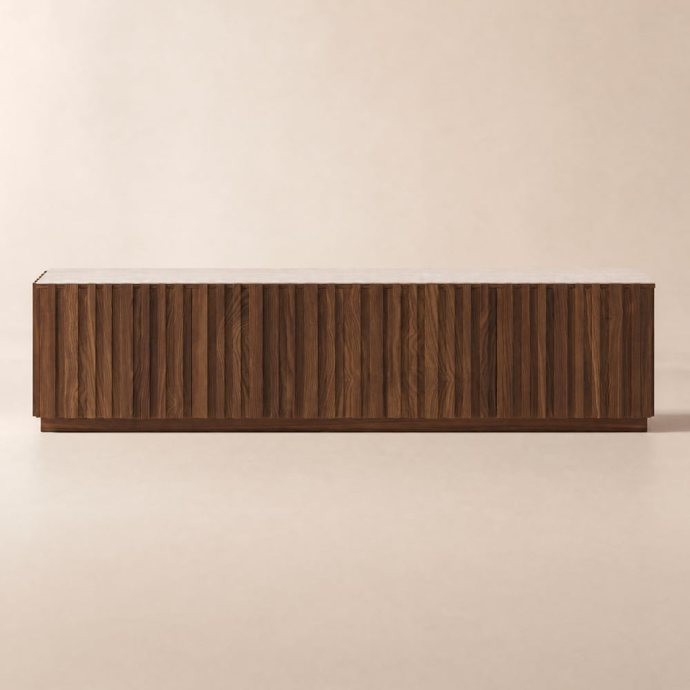 Mueble TV Aura 213 cm en fresno acanalado con tapa de piedra sinterizada y luz LED - nogal Imagen de ventana