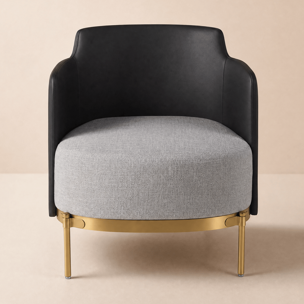 Modern Linen & Faux Leather Barrel Accent Chair with Metal Legs window image