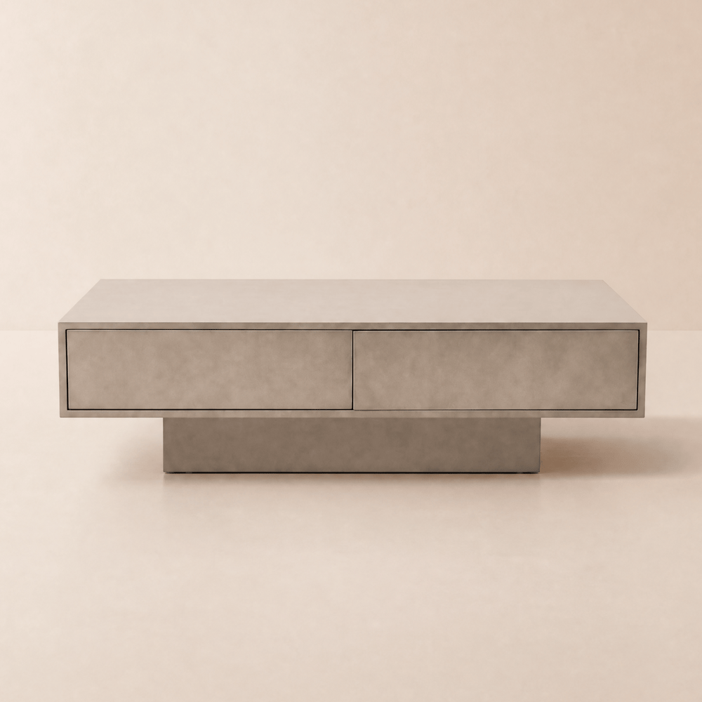 Japandi Rectangle Concrete Grey Coffee Table with 2 Drawers & Open Storage window image