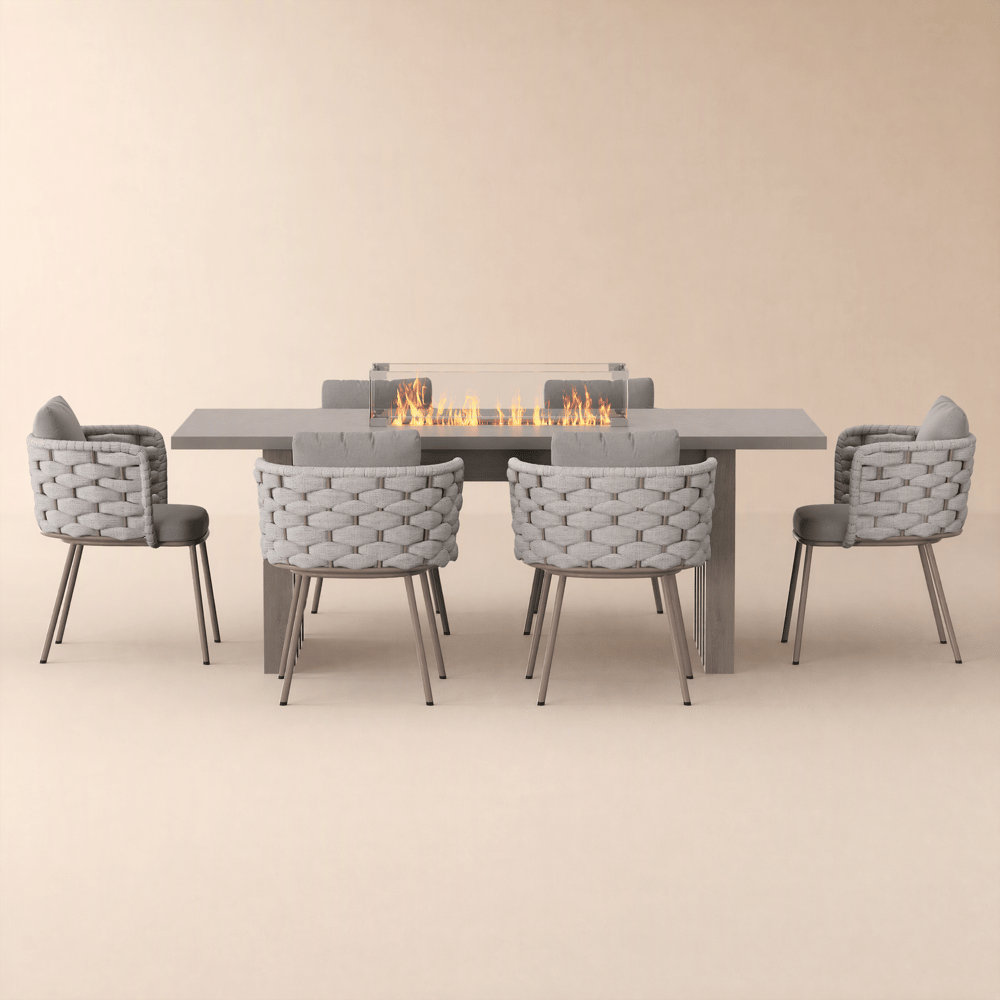 7-delige grijze aluminium eetset voor buiten en terras met geweven fauteuil Vensterafbeelding